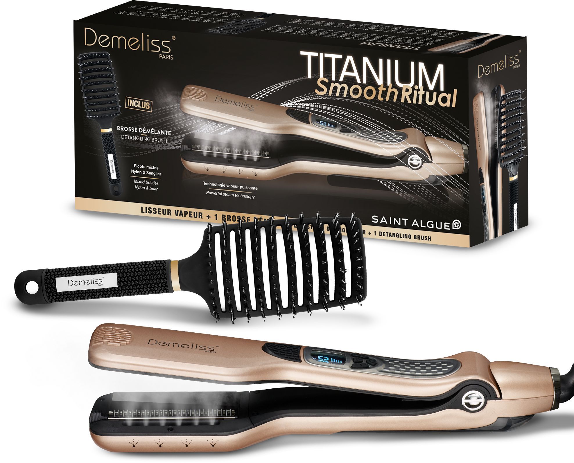 Piastra Per Capelli A Vapore - Saint Algue - Set Regalo Demeliss Titanium Smooth Ritual - Spazzola Districante - Oro