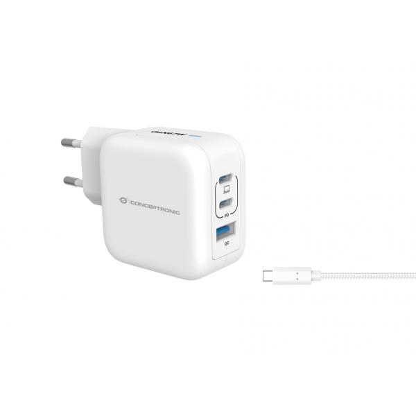 Caricabatterie Usb Pd Gan Conceptronic A 3 Porte Da 67 W Con Cavo Di Ricarica UsB-C, UsB-C X 2, UsB-A X 1, Qc 3.0, Pps, Interno, Ca, 20 V, 1,5 M, Bia