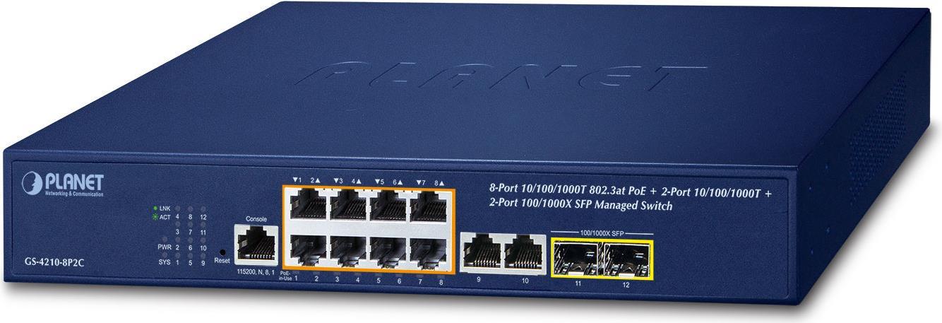 Planet Ipv4/ipv6 - 8-Port Managed L2/l4 Gigabit Ethernet (10/100/1000) Power Over Ethernet (poe) 1u Blau (gS-4210-8p2c)