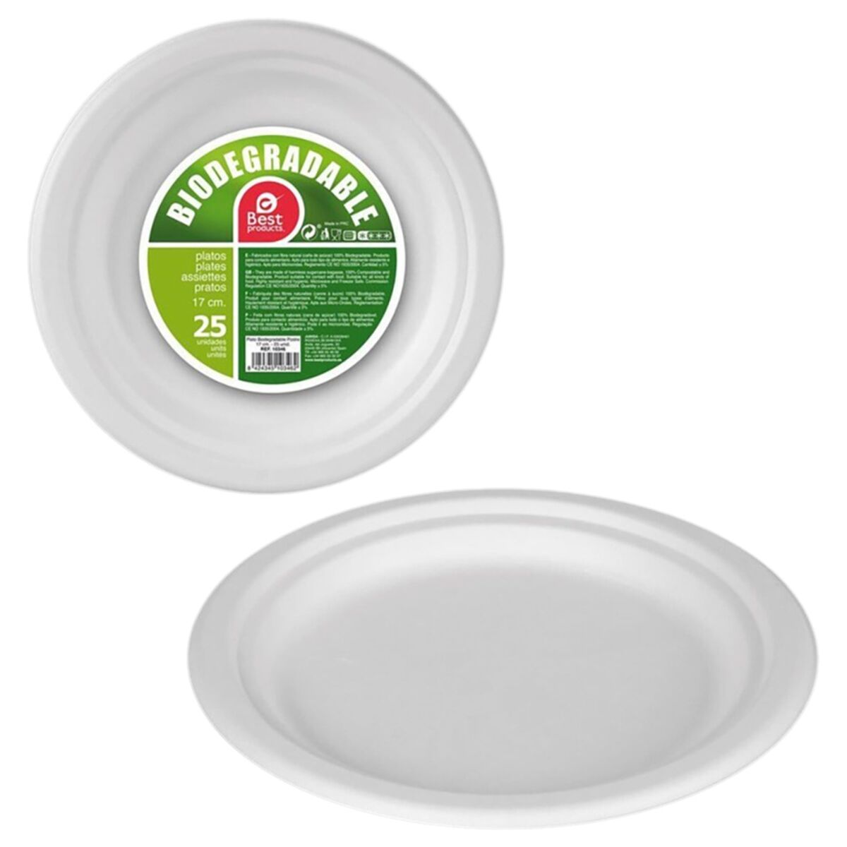 Set di piatti Best Products Green Canna da Zucchero Ø 17 cm Bianco Biodegradabile Monouso 25 Unità