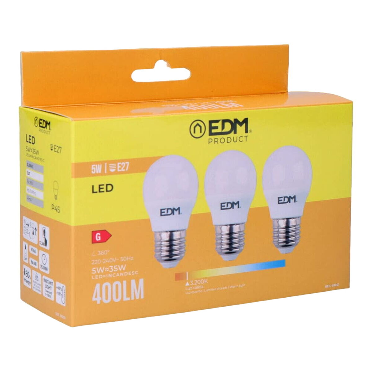 Confezione da 3 lampadine LED EDM 98201 G 35 W 5 W 50 W E27 3200 Lm Ø 4,5 x 8 cm (3200 K)