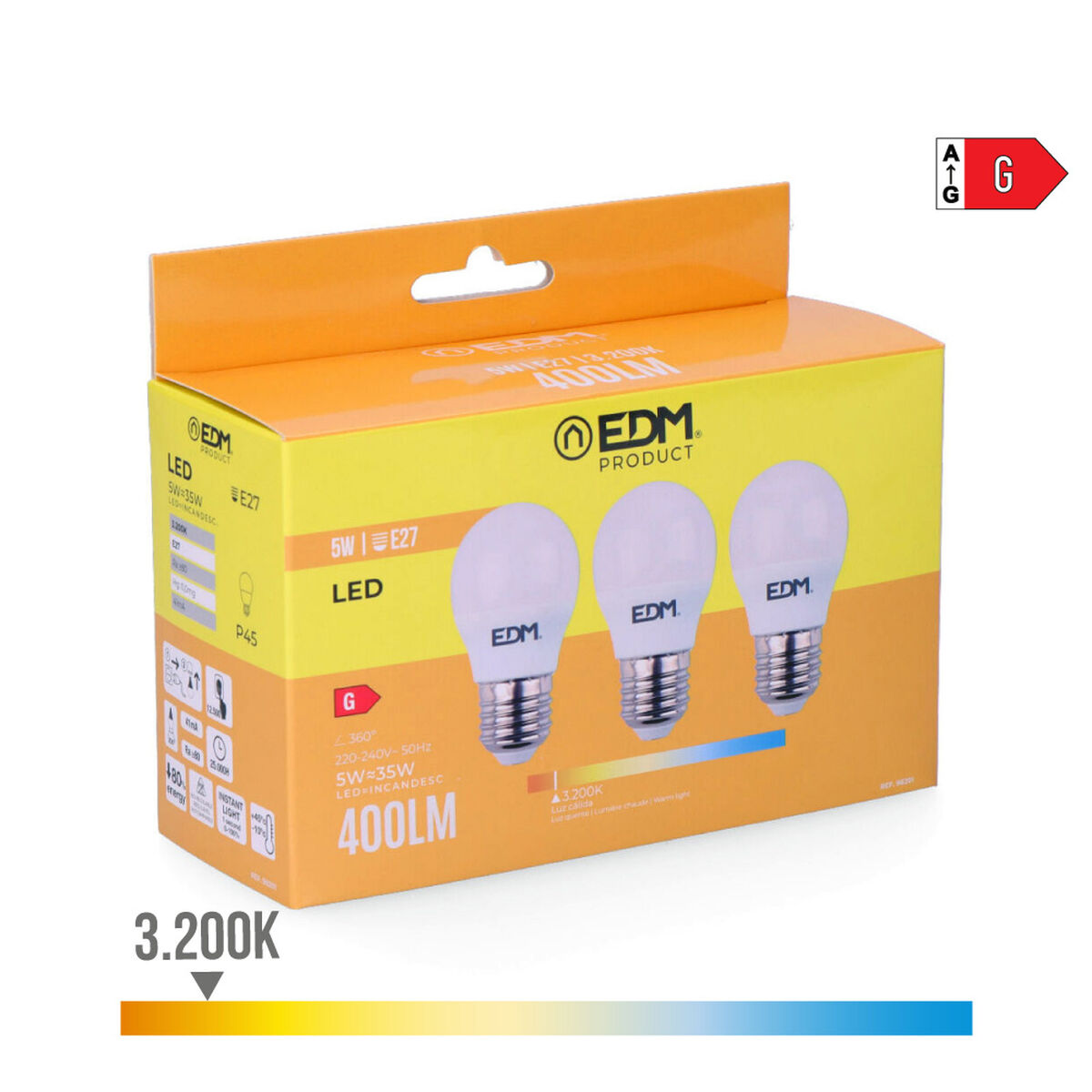Confezione da 3 lampadine LED EDM 98201 G 35 W 5 W 50 W E27 3200 Lm Ø 4,5 x 8 cm (3200 K) - Image 4