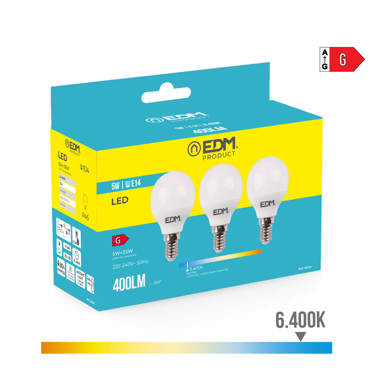 Confezione da 3 lampadine LED EDM 98202 G 35 W 5 W 50 W E14 400 lm Ø 4,5 x 8 cm (6400 K) - Image 4