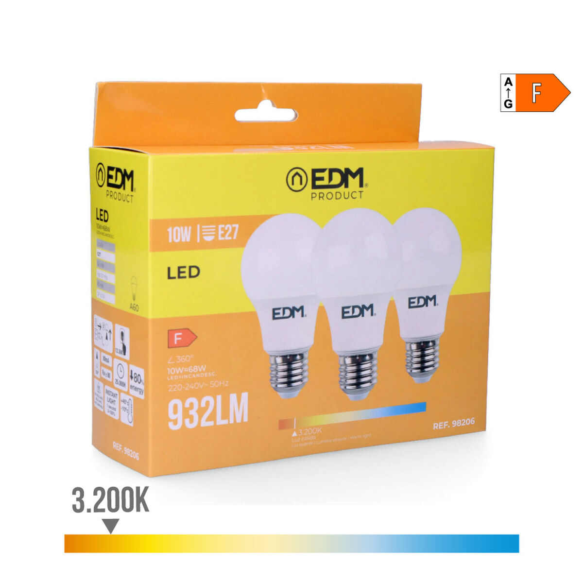 Confezione da 3 lampadine LED EDM 98206 F 60 W 10 W 68 W E27 810 Lm 932 Lm Ø 6 x 10,8 cm (3200 K) - Image 3