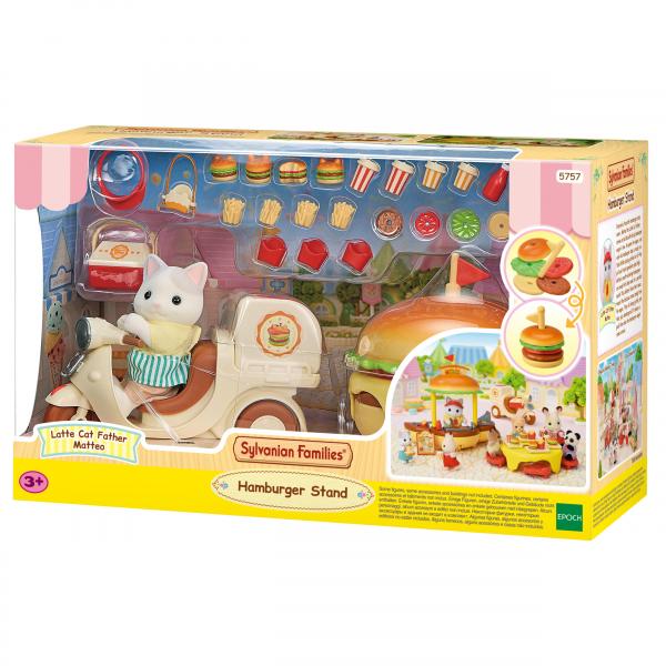 Accessori per Casa delle Bambole Sylvanian Families Puesto de hamburguesas - Papa Latte Cat y Scooter 30 Pezzi