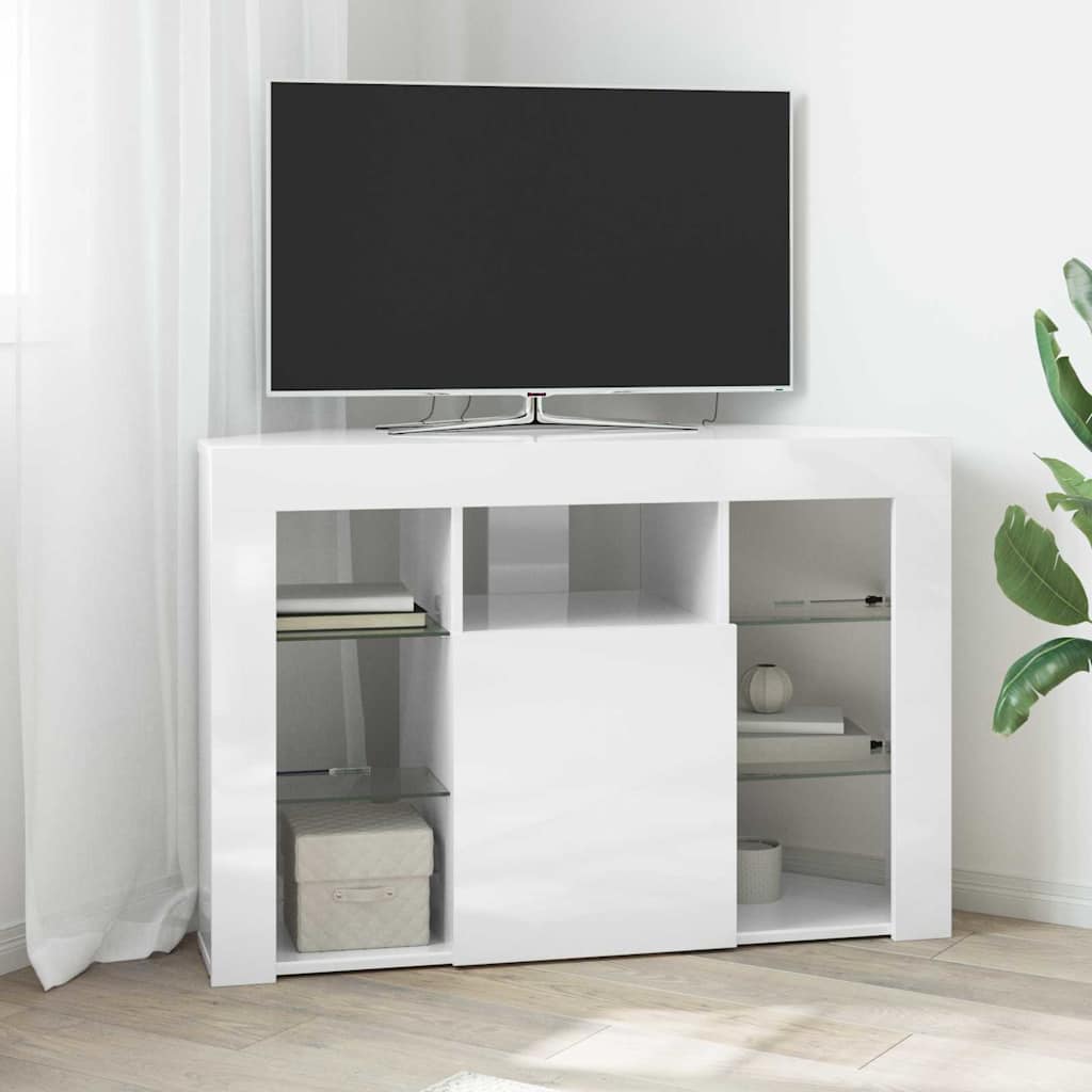 vidaXL Meuble TV LED d'Angle Blanc brillant 104 x 40 x 68 cm