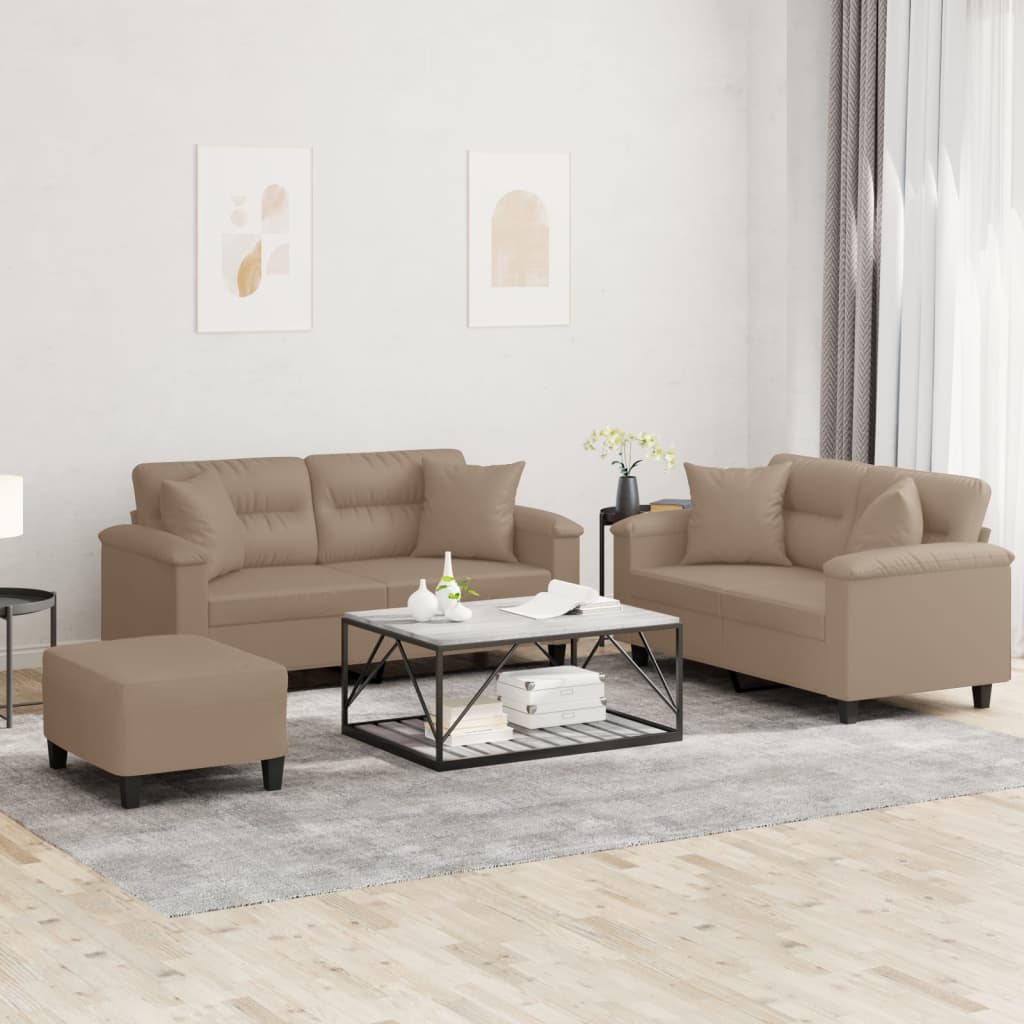 Set Di Divani 3 Pz Con Cuscini Cappuccino In Similpelle