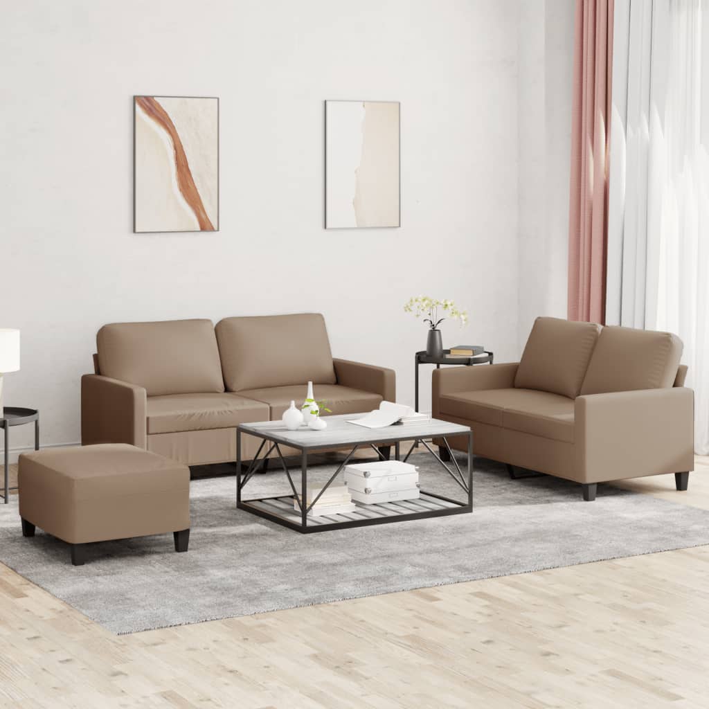 Set Di Divani 3 Pz Con Cuscini Cappuccino In Similpelle