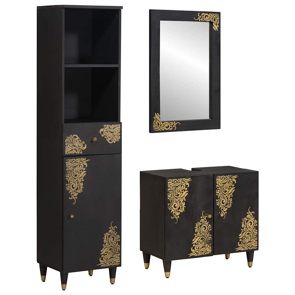 Set Di Armadi Da Bagno 3 Pcs Nero Legno Di Mango Massello
