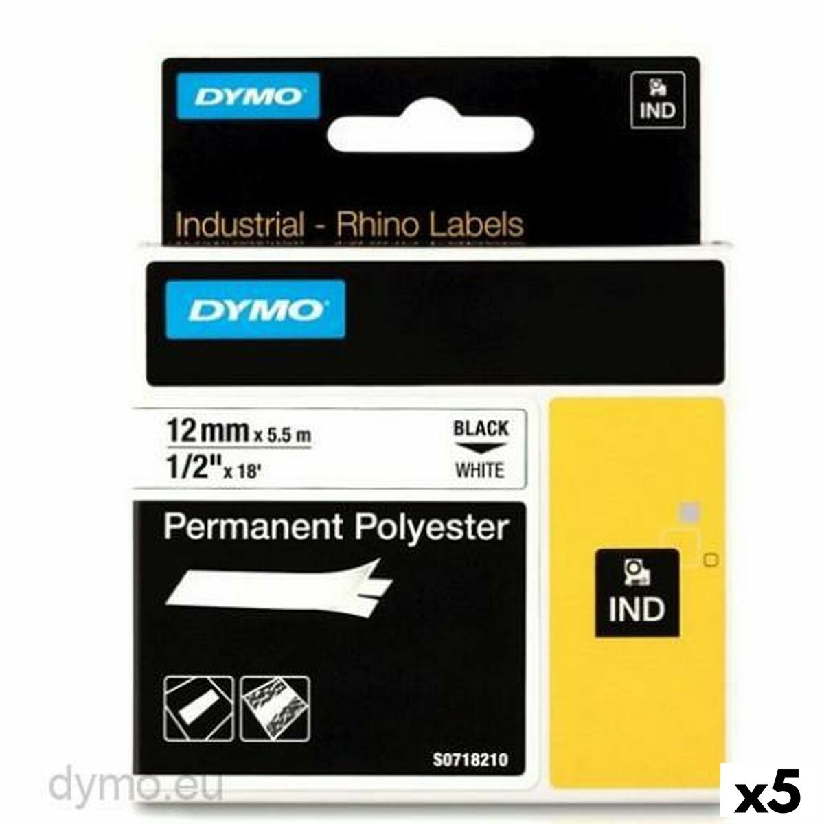 Nastro Laminato Per Etichettatrici Rhino Dymo Id1-12 12 X 5,5 Mm Nero Bianco Autoadesive (5 Unità)