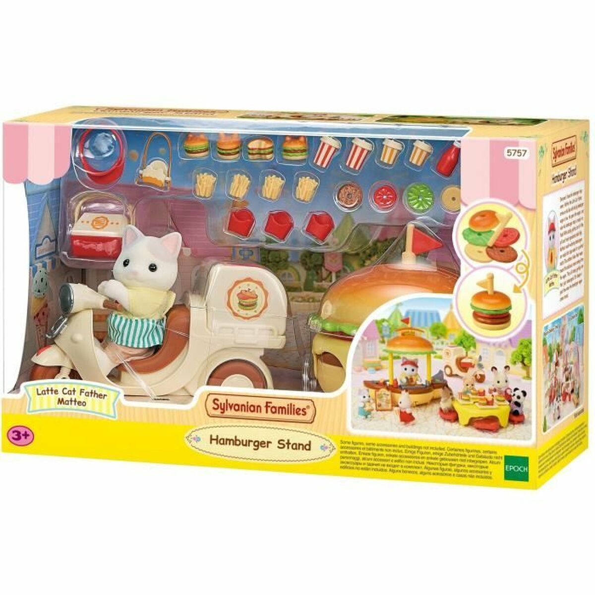 Accessori Per Casa Delle Bambole Sylvanian Families Puesto De Hamburguesas - Papa Latte Cat Y Scooter 30 Pezzi
