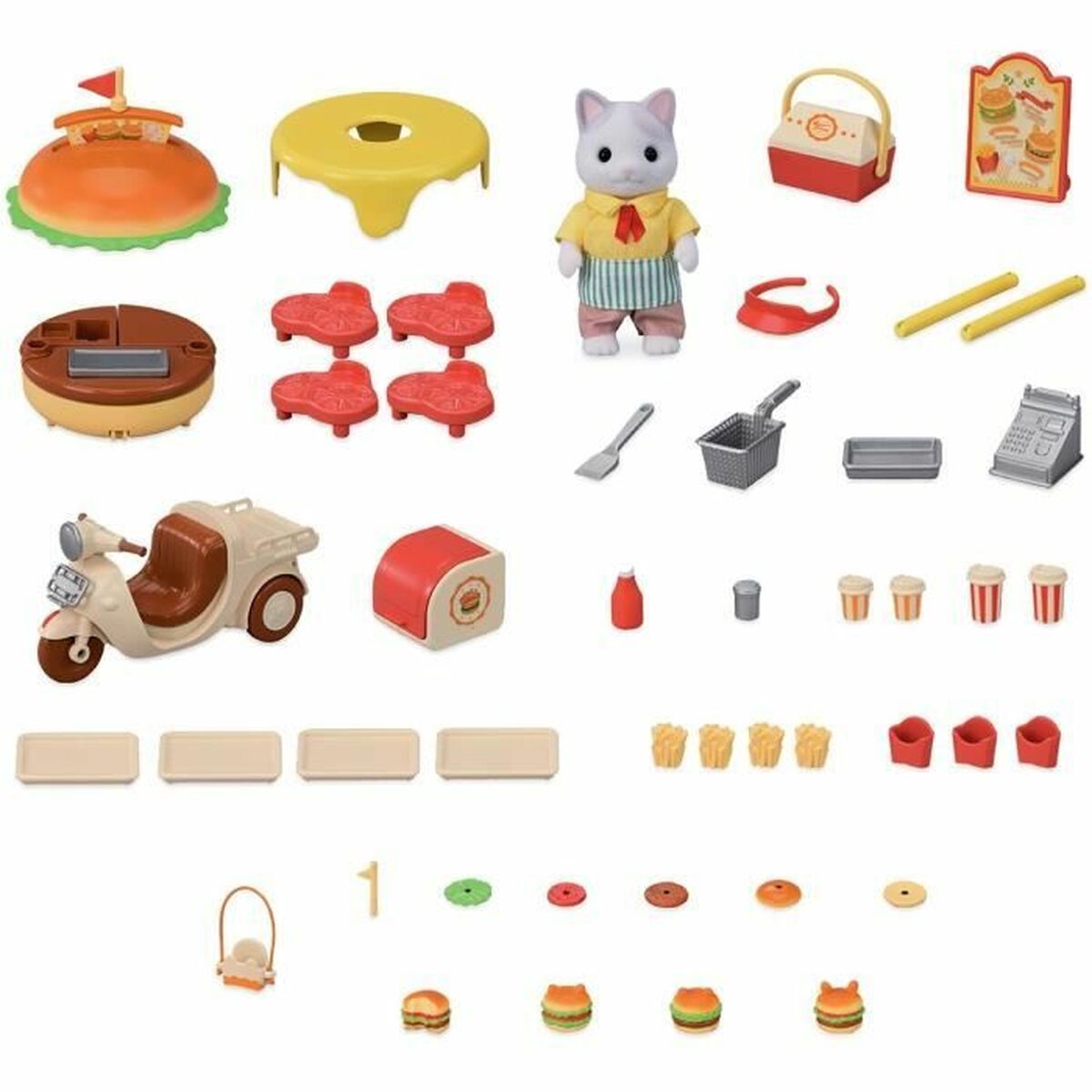 Accessori Per Casa Delle Bambole Sylvanian Families Puesto De Hamburguesas - Papa Latte Cat Y Scooter 30 Pezzi - Image 3