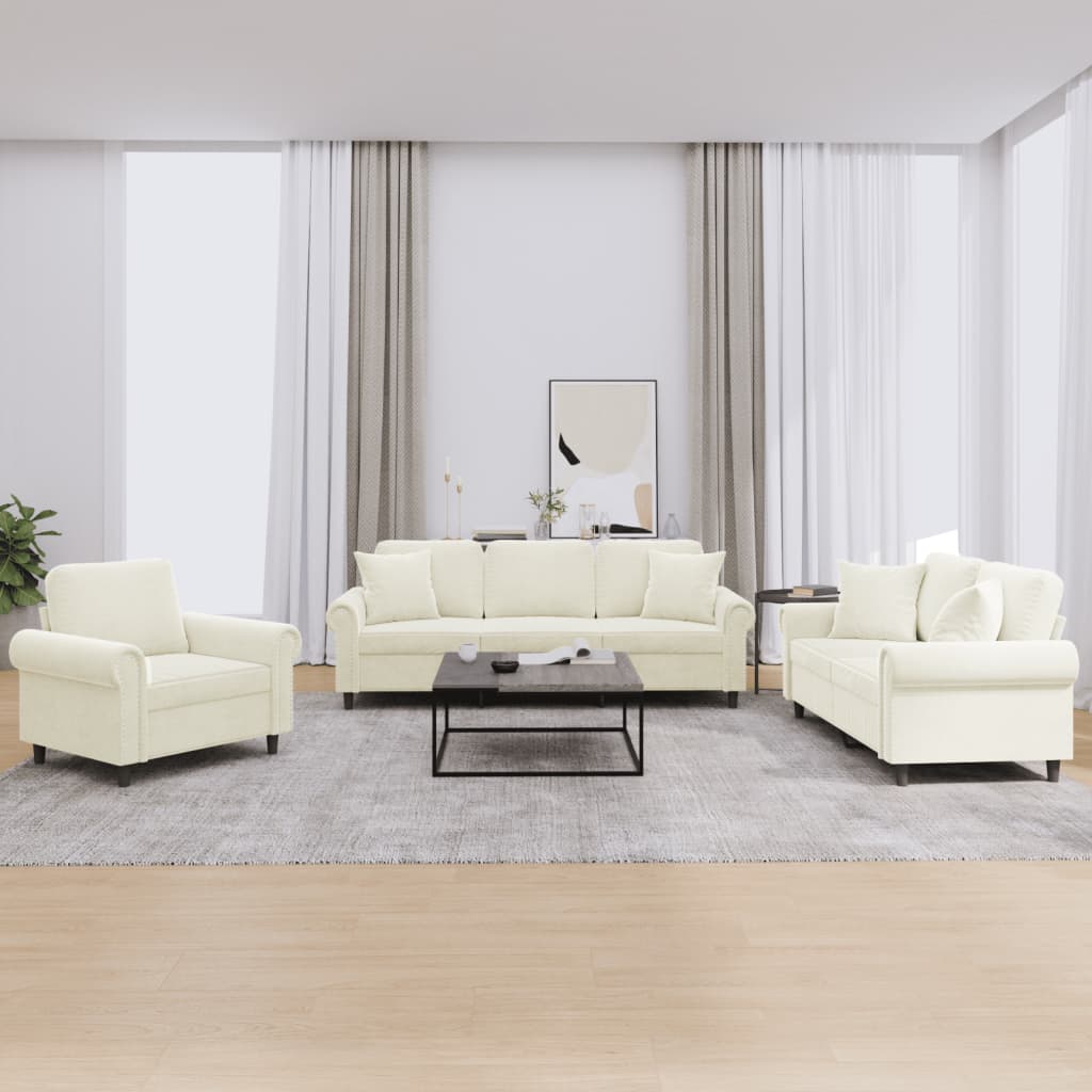 Set Di Divani 3 Pz Con Cuscini Crema In Velluto