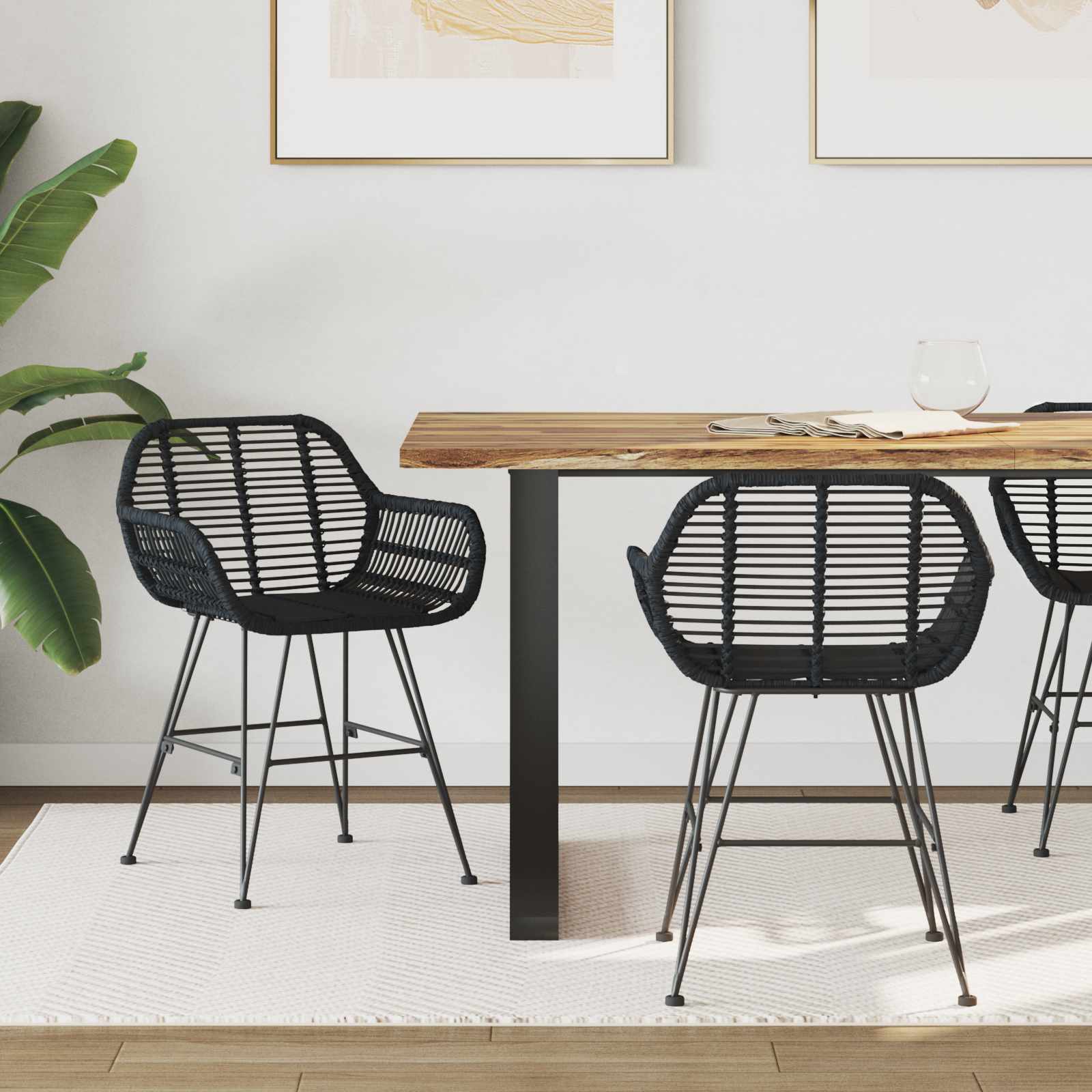 Sedia Da Pranzo 2 Pcs Nero 55 X 50 X 74 Cm Rattan E Ferro