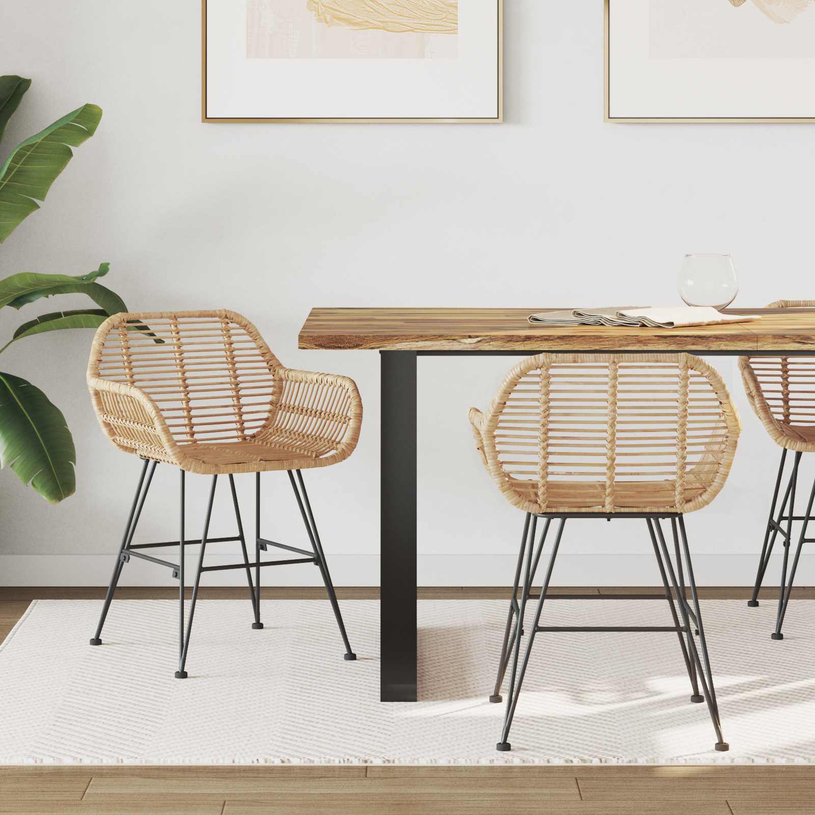 Sedia Da Pranzo 2 Pcs Naturale 55 X 50 X 74 Cm Rattan E Ferro