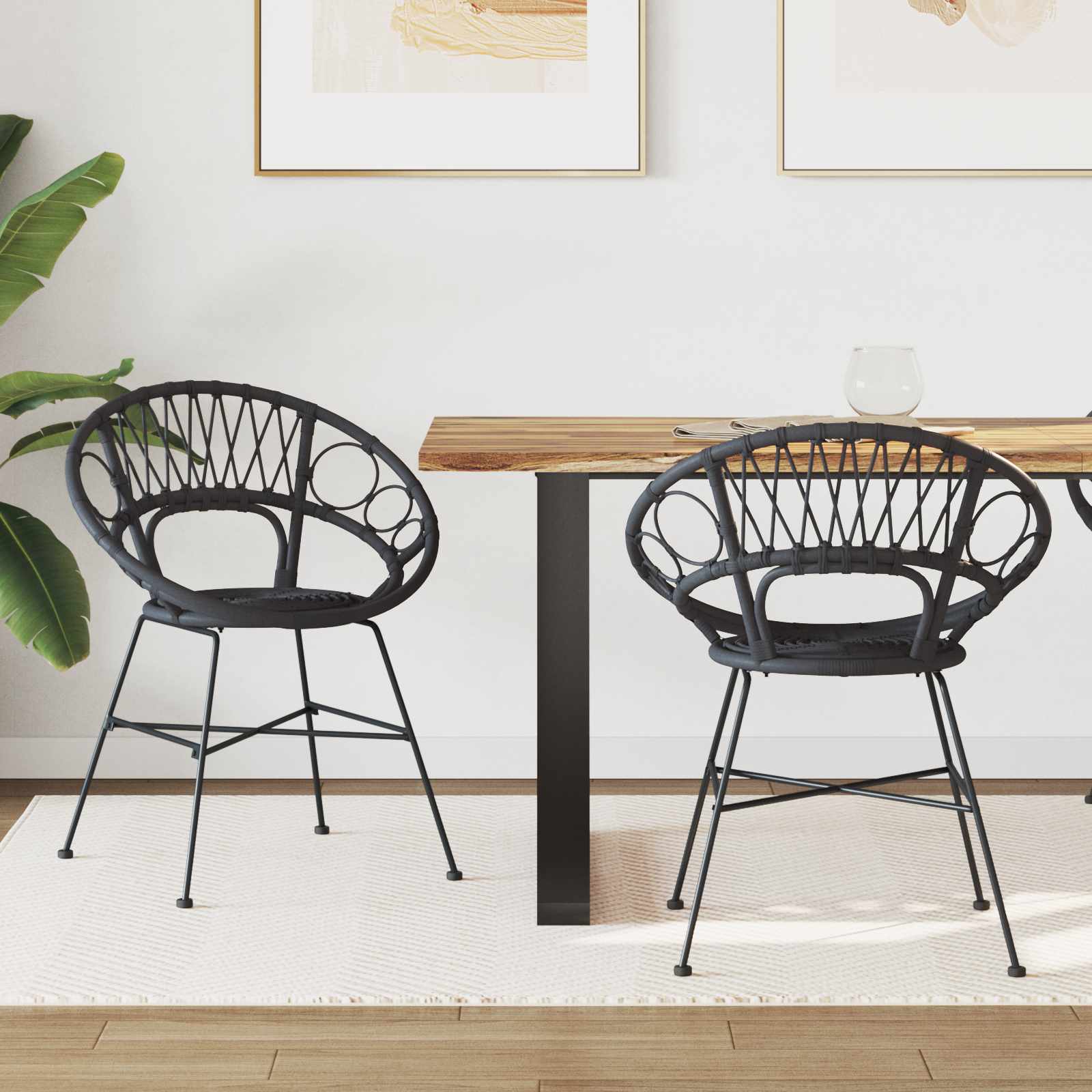 Sedia Da Pranzo 2 Pcs Nero 65 X 55,5 X 81 Cm Rattan E Ferro