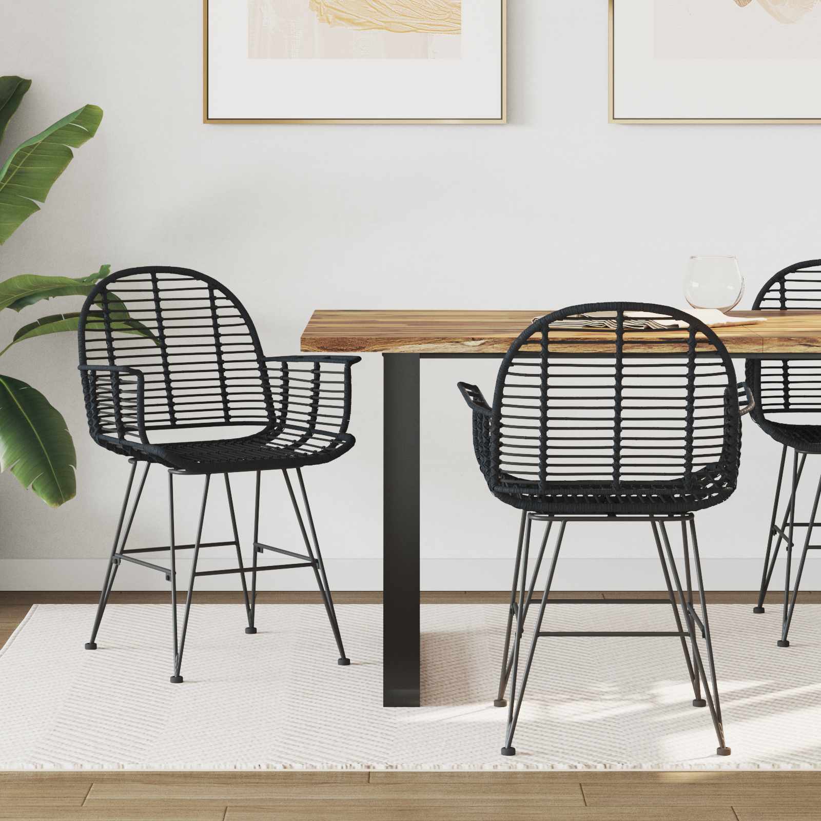 Sedia Da Pranzo 2 Pcs Nero 57 X 54.5 X 85 Cm Rattan E Ferro