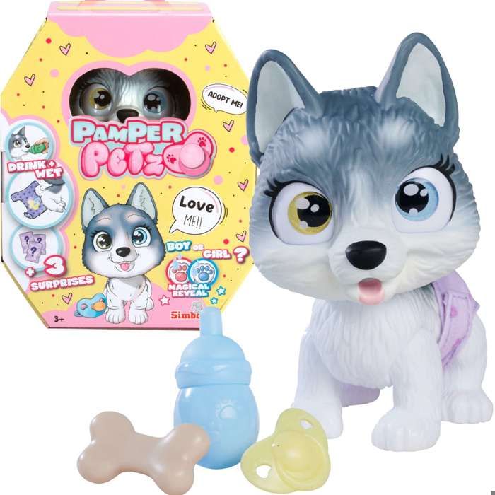 Smoby - Pamper Petz - Husky Da Adottare - 4 Accessori - Articolato - Legno E Pipì - Certificato Di Adozione - Dai 3 Anni