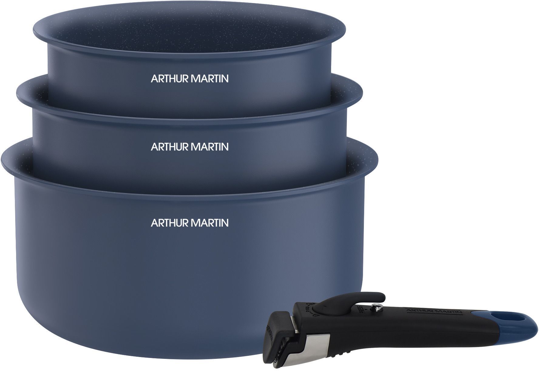 Set Di 3 Pentole - Adatto A Tutti I Piani Cottura, Inclusa L'induzione - Arthur Martin - Am0320 - Ceramica - Ø 16-18-20 Cm + Manico Removibile - Blu