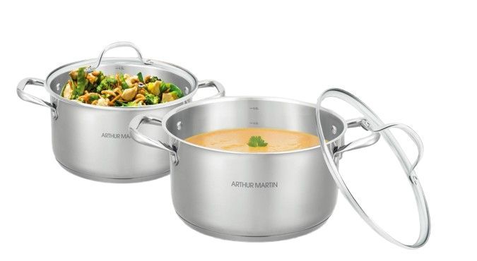 Set Di 2 Pentole - Adatto A Tutti I Piani Cottura, Inclusa L'induzione - Arthur Martin - Am0155 - Acciaio Inox - Ø 24-28 Cm + Coperchio In Vetro - ac