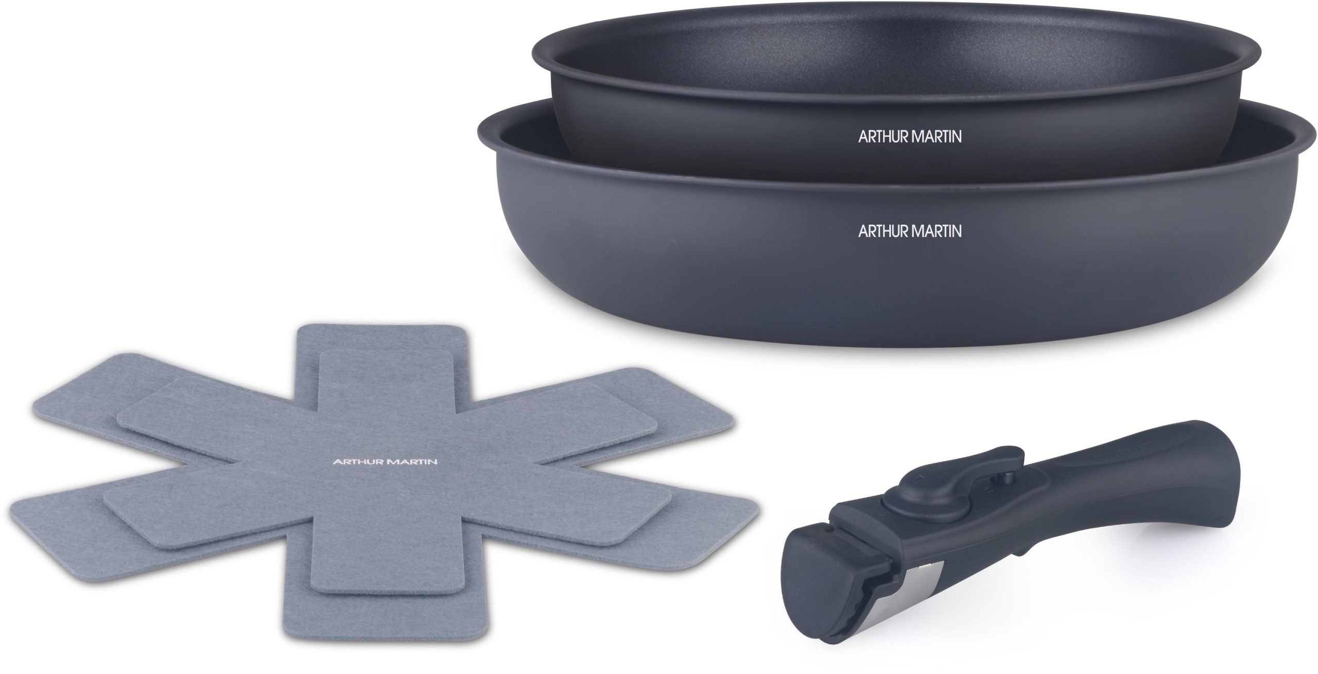 Set Di 2 Padelle - Adatto A Tutti I Piani Cottura, Inclusa L'induzione - Arthur Martin - Am2977 - Antiaderente - Ø 24-28 Cm + Manico Rimovibile - Gri
