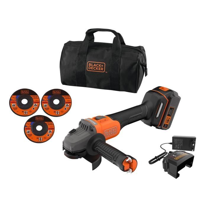 Smerigliatrice Angolare A Batteria + Batteria 4ah + Caricabatteria - Black&decker - Bcg6l8f1S-Qw - Brushless - 18v - 115m - Con 3 Dischi E Borsa Per