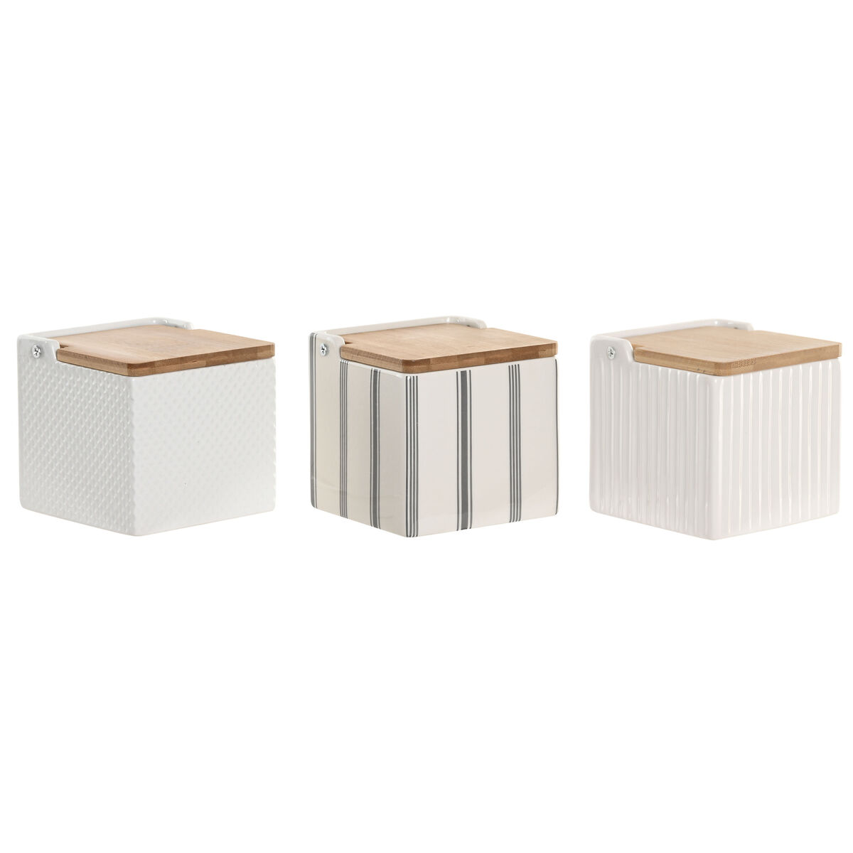 Portasale Con Coperchio Home Esprit Bianco Bambù Gres 11 X 11 X 11 Cm (3 Unità)