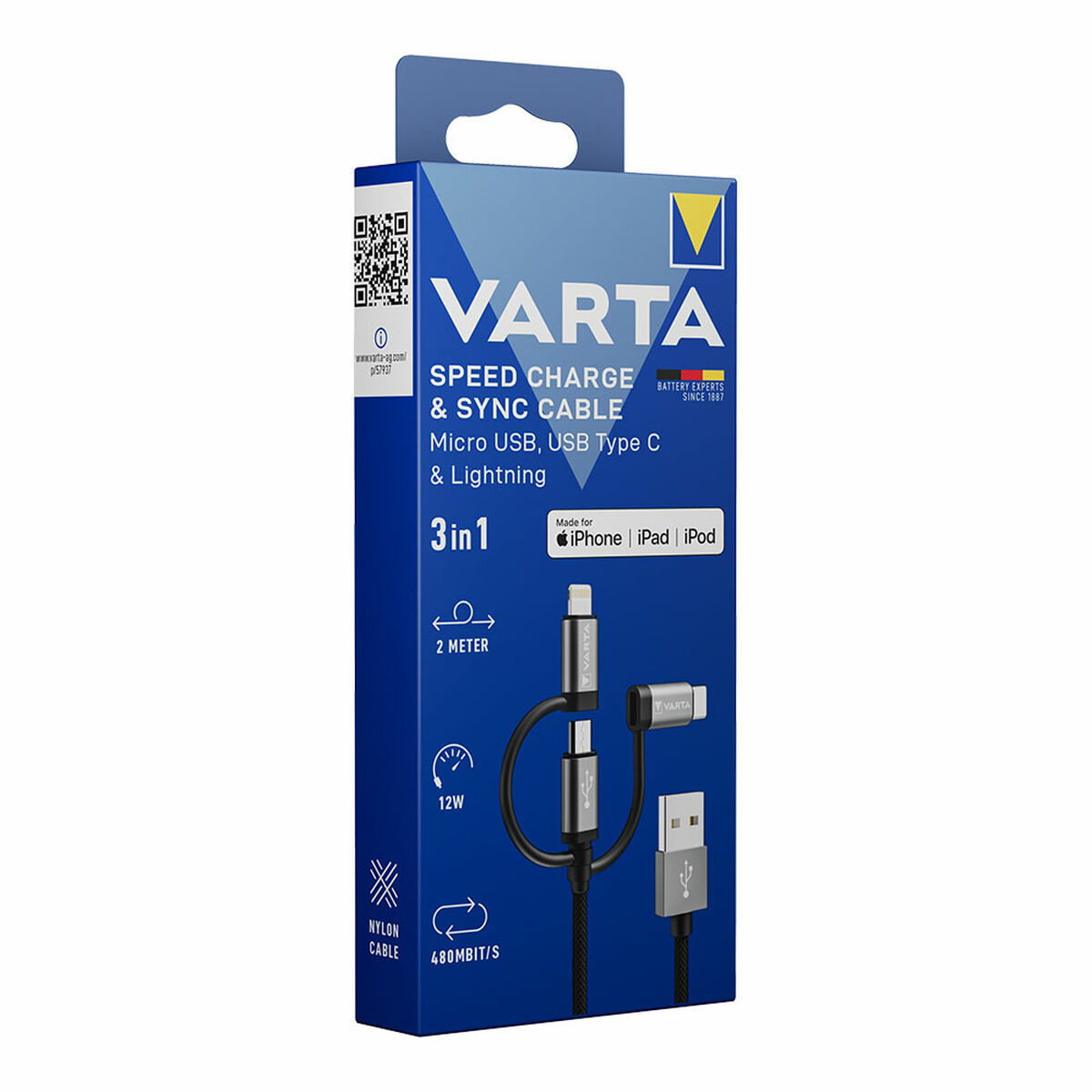 Cavo Usb Varta 2 M Nero 3 In 1 UsB-C Micro Usb Lightning