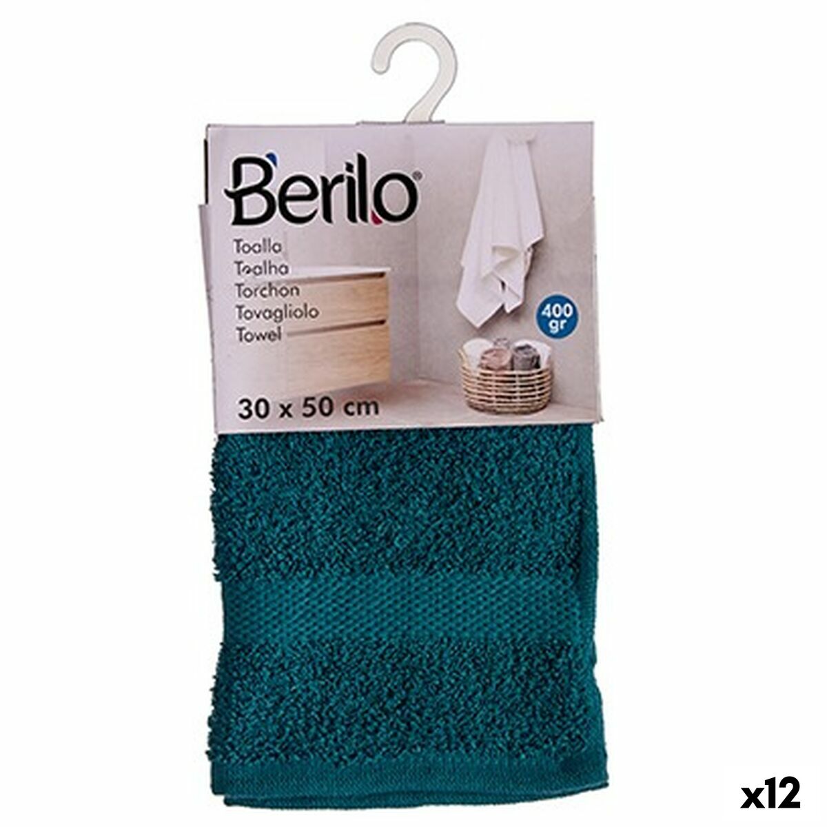 Telo Da Bagno Berilo Azzurro 80 % Cotone 20 % Poliestere 30 X 50 Cm 30 X 50 X 0,2 Cm 25 X 1,5 X 15 Cm (12 Unità)