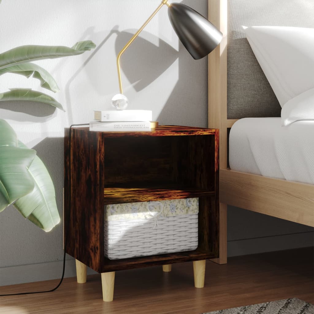 Comodino Con Gambe In Legno Massello Rovere Fumo 40x35x50cm