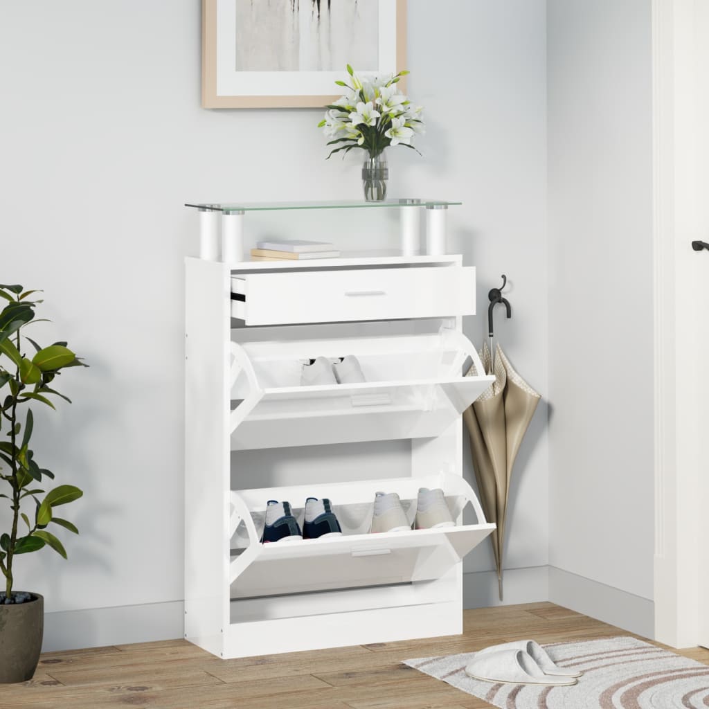 Scarpiera Bianco Lucido 63x24x104 Cm In Legno Multistrato
