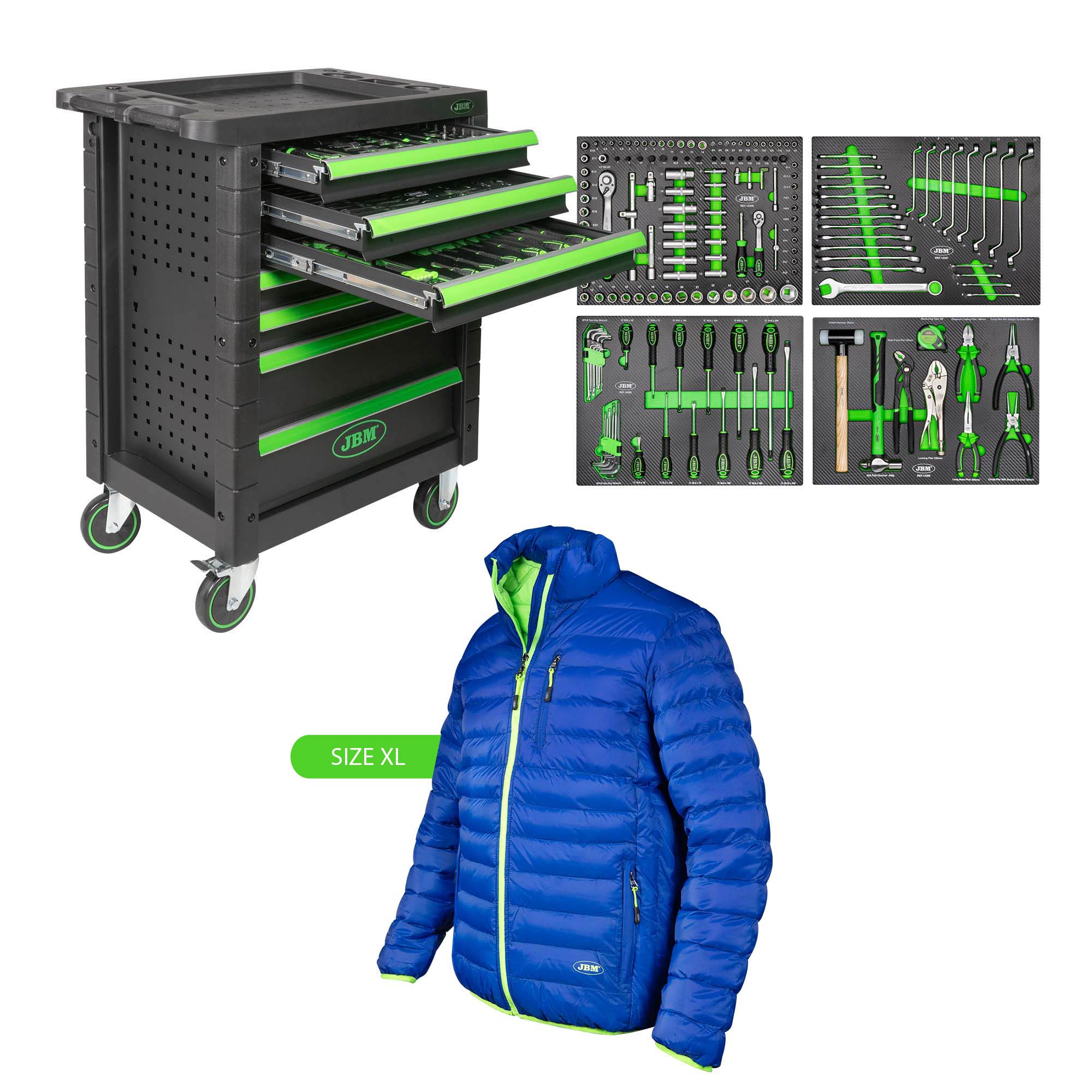 53904 Carrello A 7 Cassetti - Verde + 70012 Giacca Verde/blu, Taglia xl