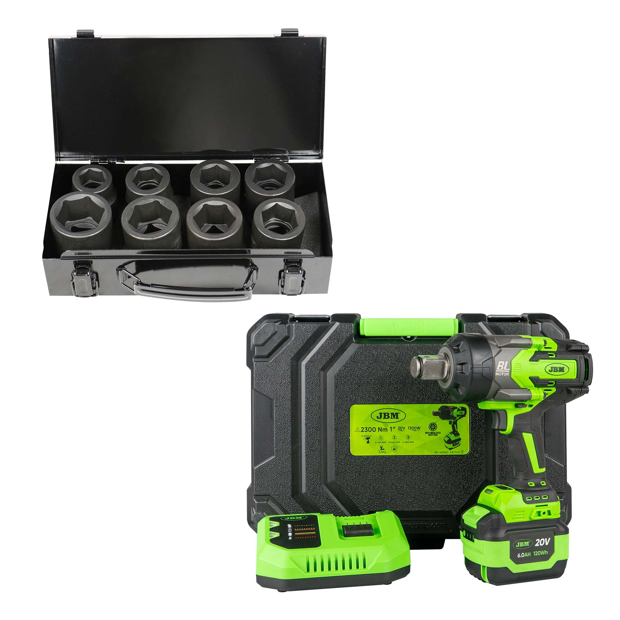 60050c Chiave A Impatto Brushless Senza Fili 1" 2300nm Con Custodia + 52348 Set Di 8 Bussole