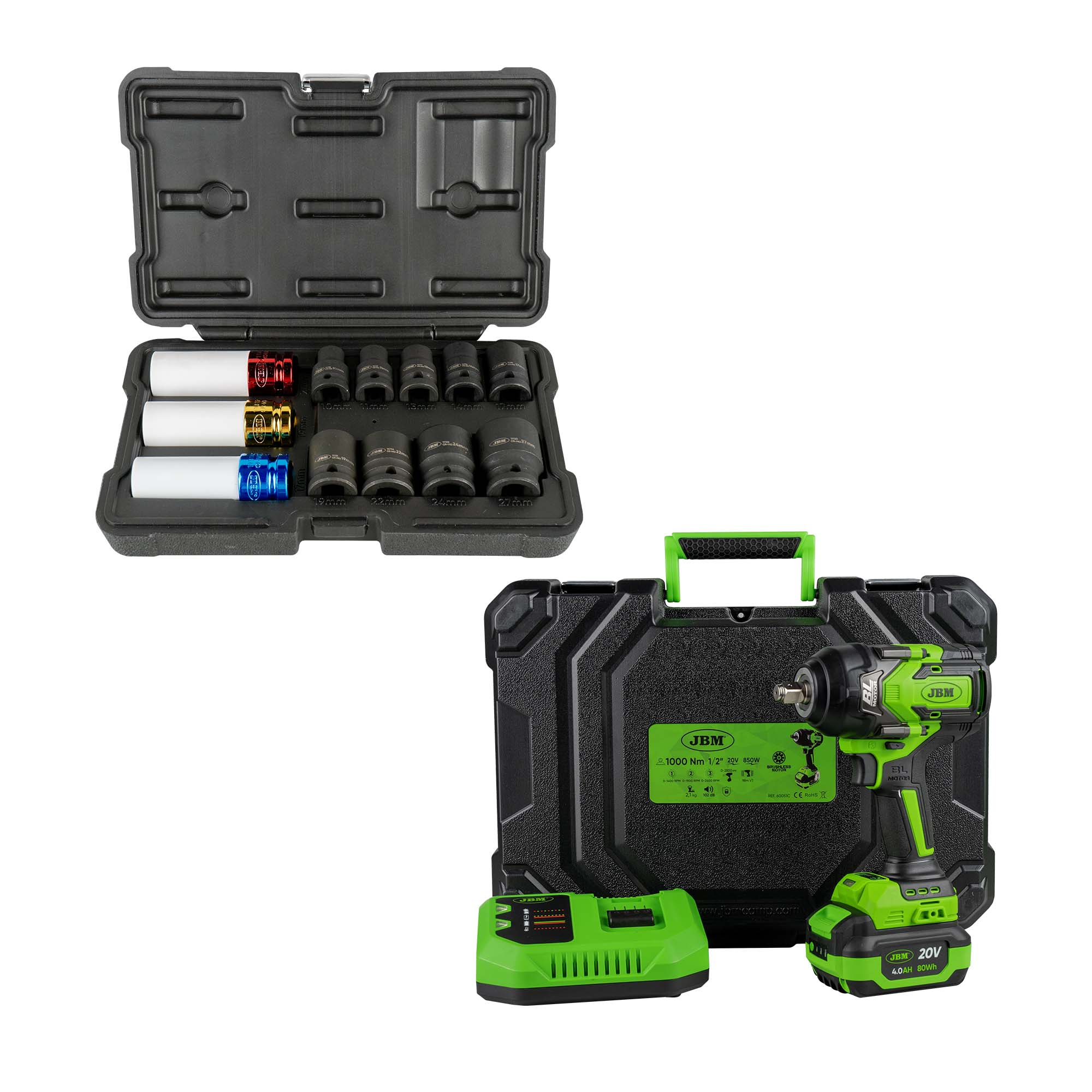 60051c Chiave A Percussione Brushless A Batteria 1/2" 1000nm Con Custodia + 52343 Set Di 12 Bussole