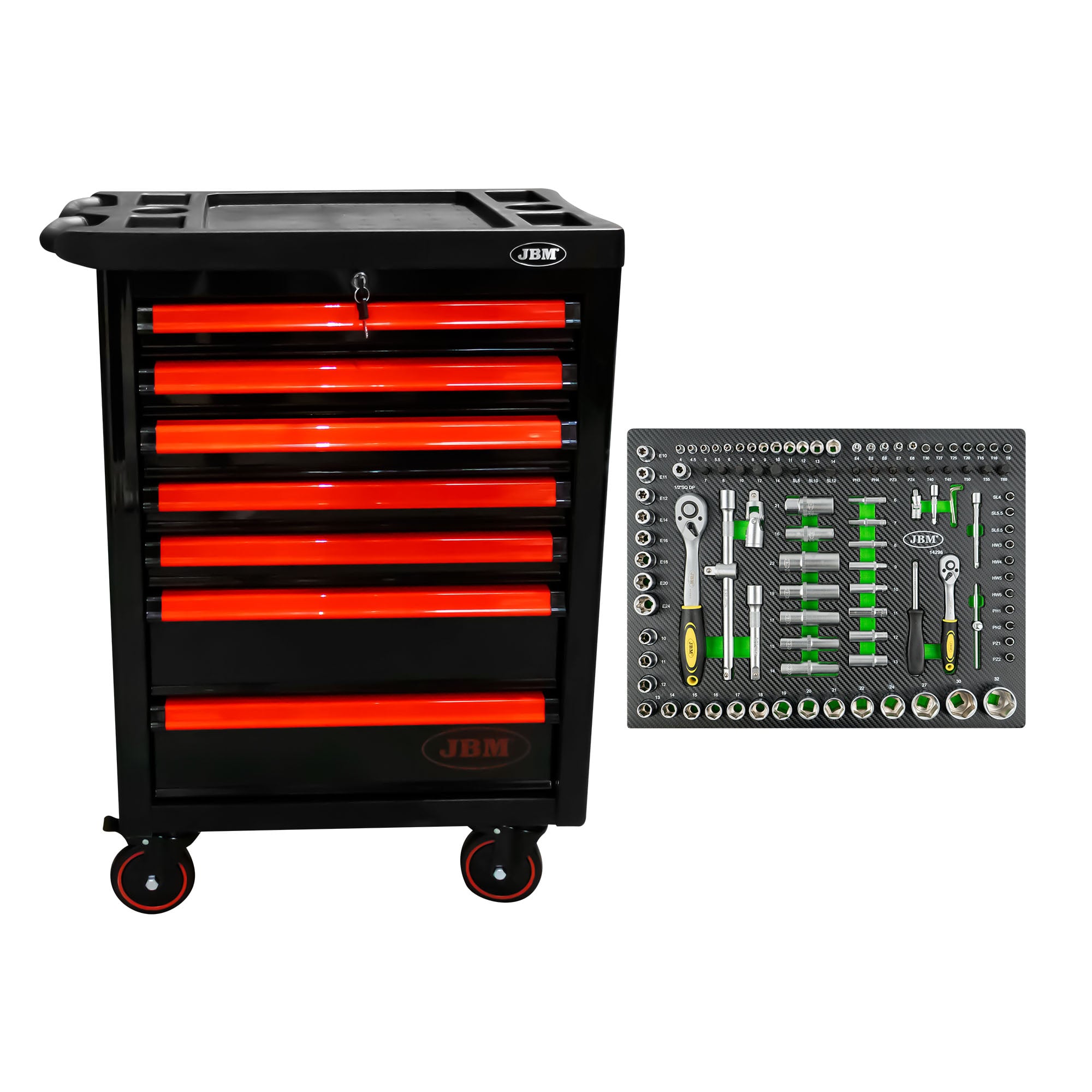 53766 Carrello A 7 Cassetti Consenza Utensili - Rosso + 14296y Modulo 108 Pezzi - Utensili Gialli