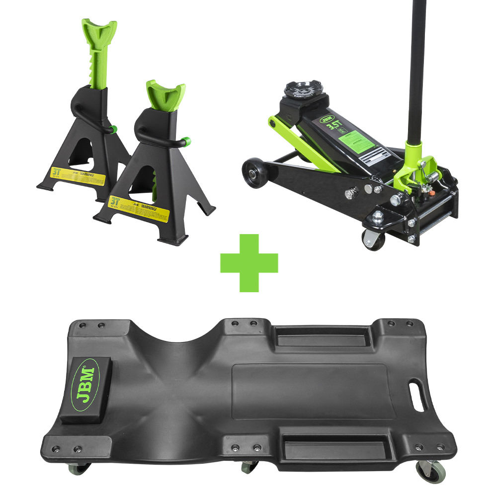 53779 Set Di 2 Cavalletti Da 3t+ 52148 Carrello + 50818 Martinetto Idraulico A Carrello 3,5t