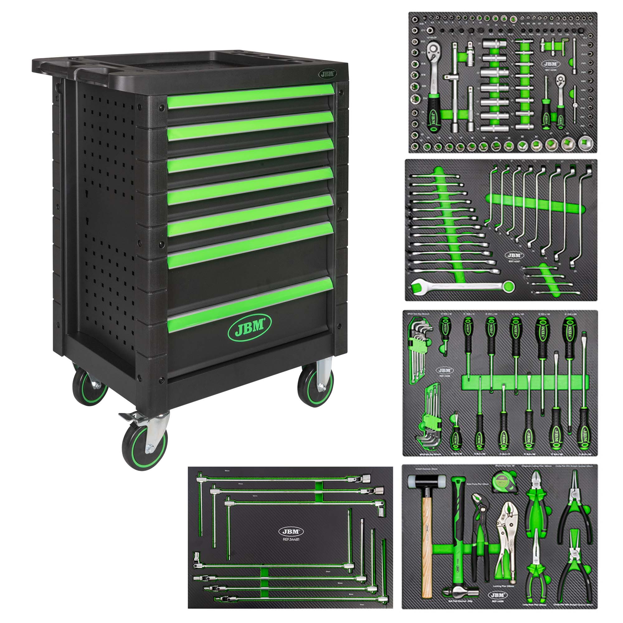 53904 Carrello A 7 Cassetti Verde + 54481 Modulo Di 7 Chiavi A Bussola Con Impugnatura A T