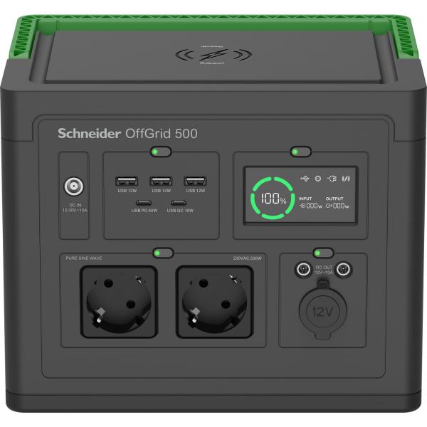 Apc Schneider Offgrid 500 - Tragbares Kraftwerk - Lcd, LithiuM-Ionen, 2 Cee 7/3 SchukO-Steckdosen, Sinuswelle, 3 UsB-A, 2 UsB-C, Kabelloses Ladegerät