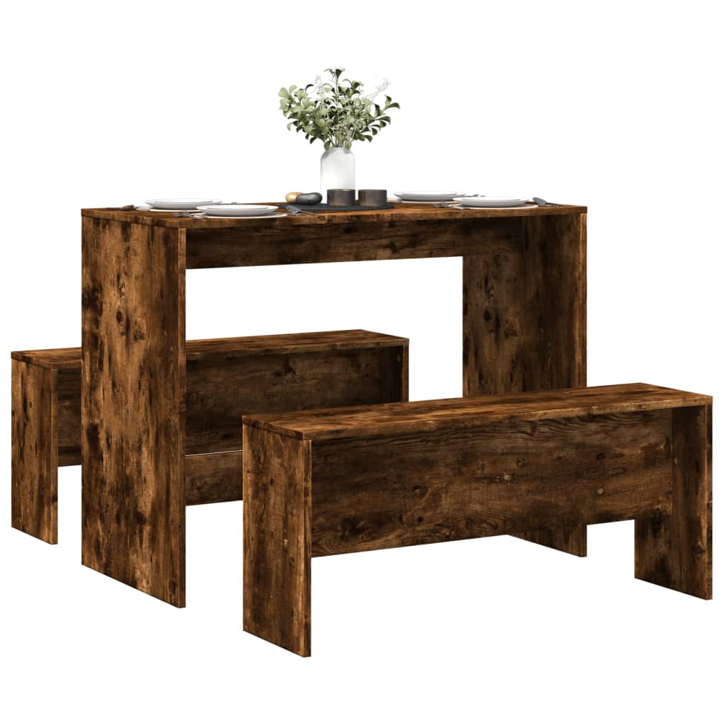 Set Tavolo Da Pranzo E Panche 3 Pz Rovere Fumo In Truciolato