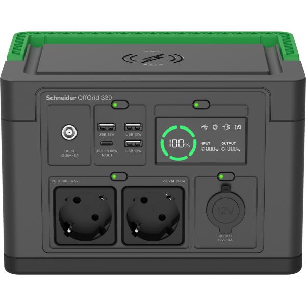 Apc Schneider Offgrid 330 - Tragbares Kraftwerk - Lcd, LithiuM-Ionen, 2 Cee 7/3 SchukO-Steckdosen, Sinuswelle, 3 UsB-A, 1 UsB-C, Kabelloses Laden