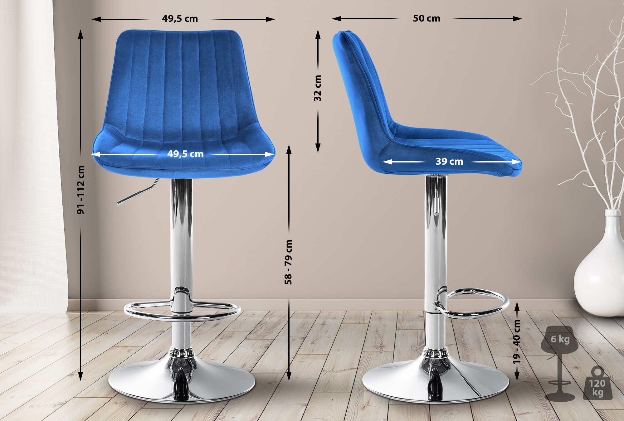 2er Set Barhocker Toni Samt Chrom