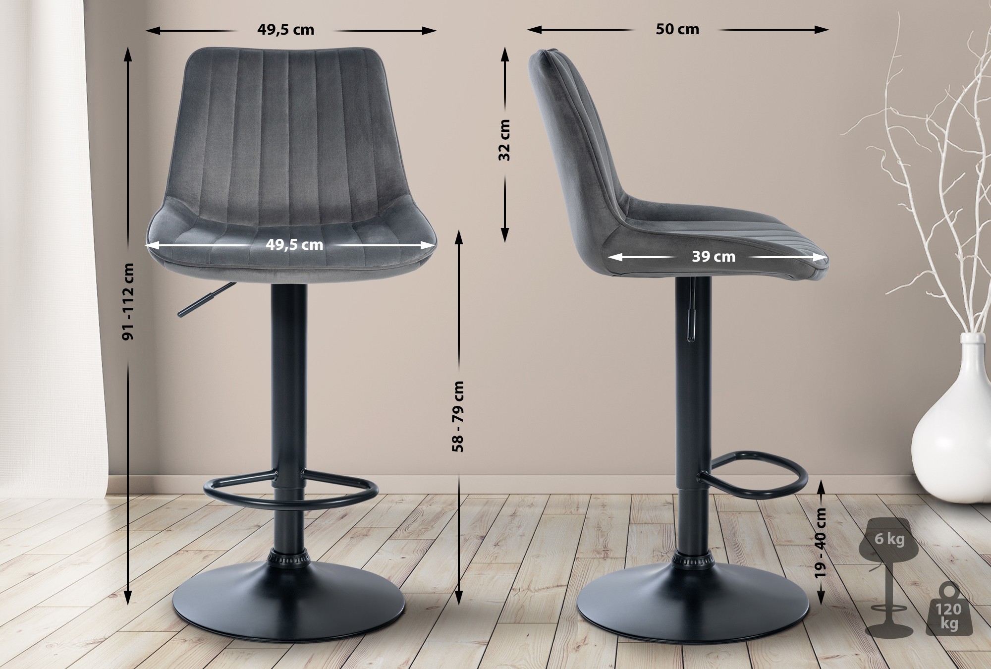 2er Set Barhocker Toni Samt Schwarz