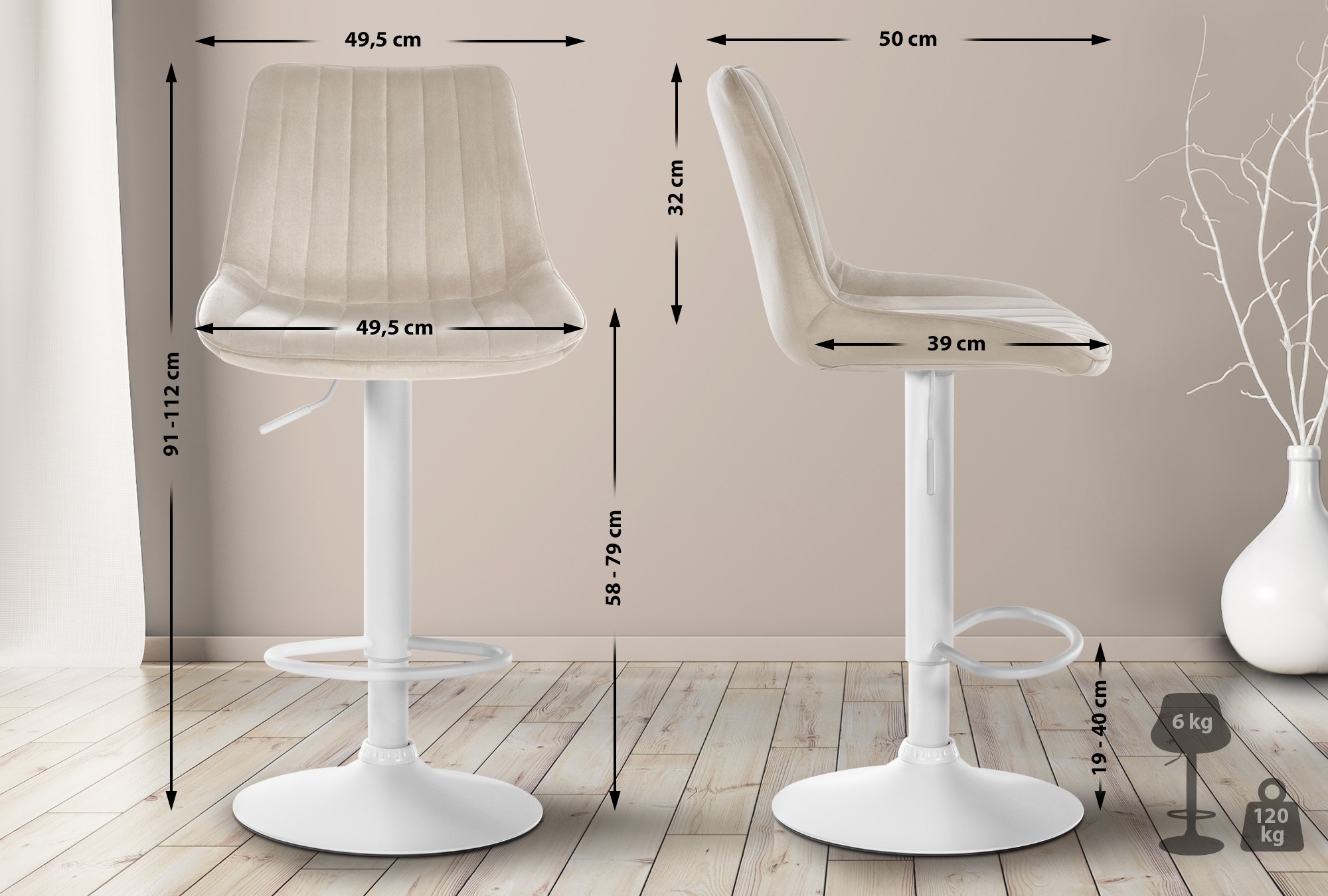 2er Set Barhocker Toni Samt Weiß