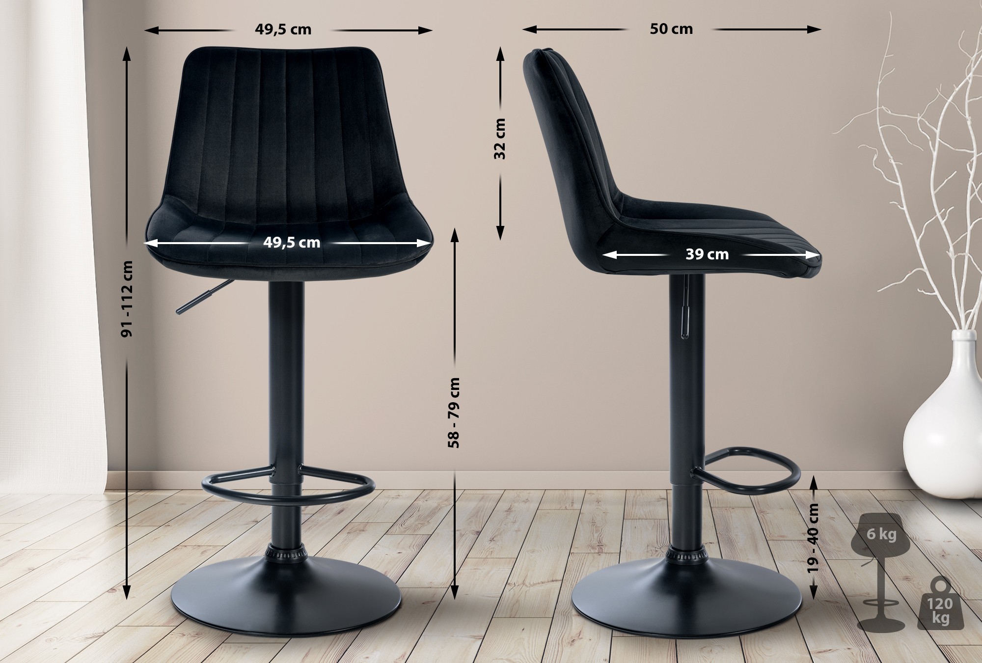 2er Set Barhocker Toni Samt Schwarz
