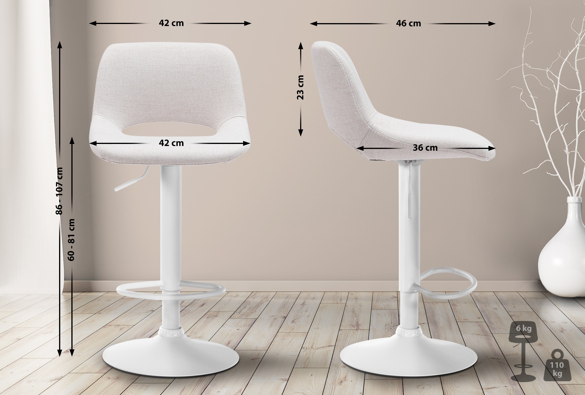 2er Set Barhocker Camden Stoff Weiß