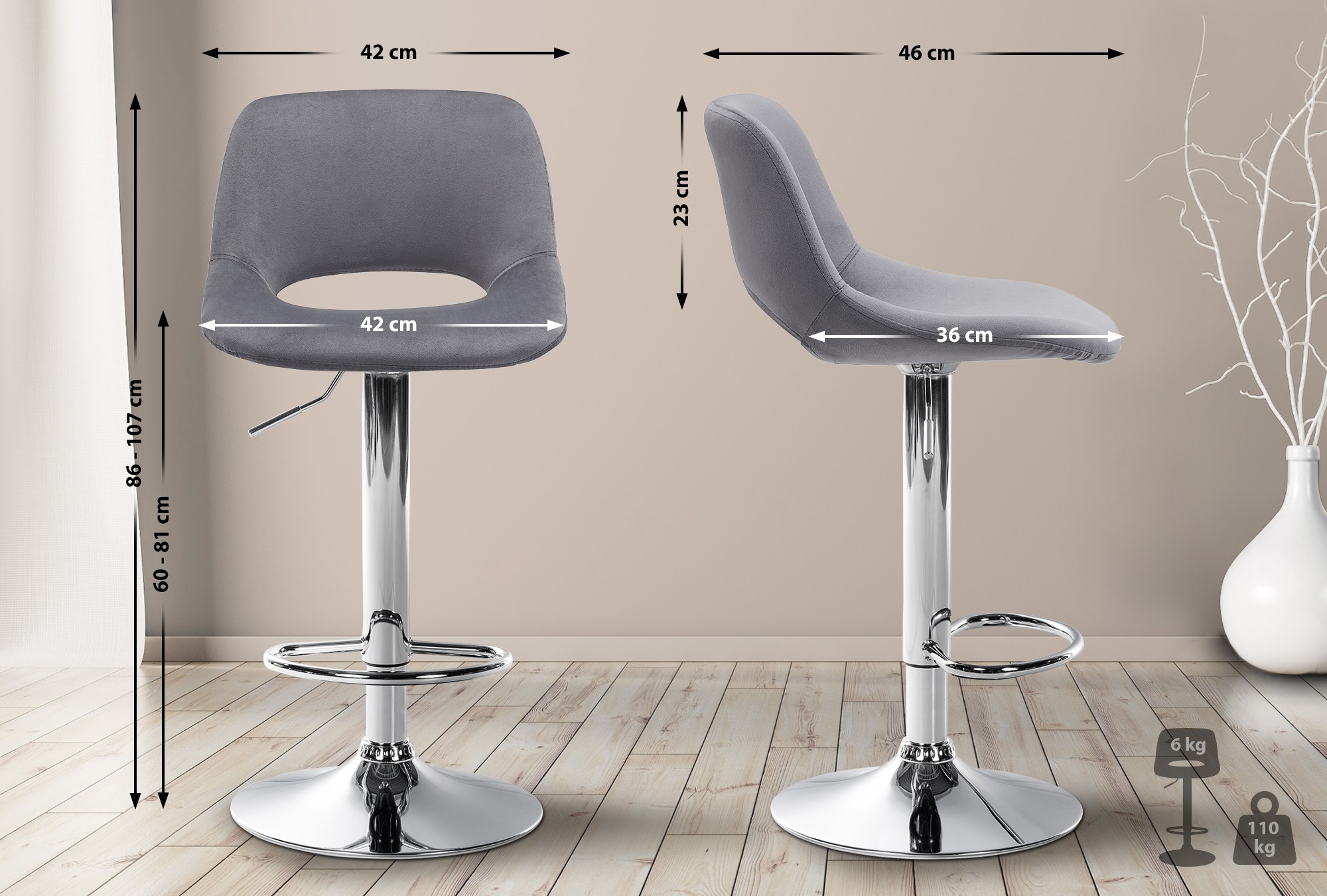 2er Set Barhocker Camden Samt Chrom - Image 6