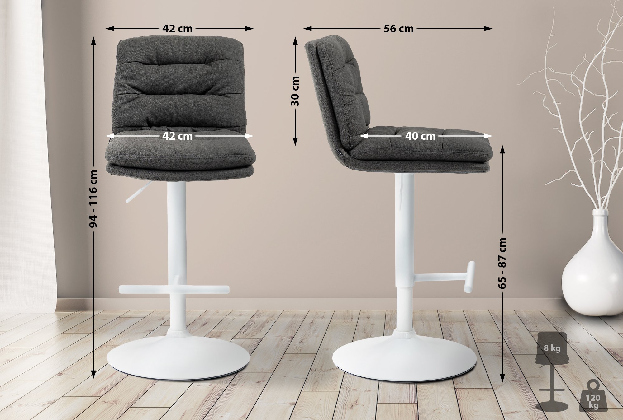 2er Set Barhocker Damar Stoff Weiß - Image 4