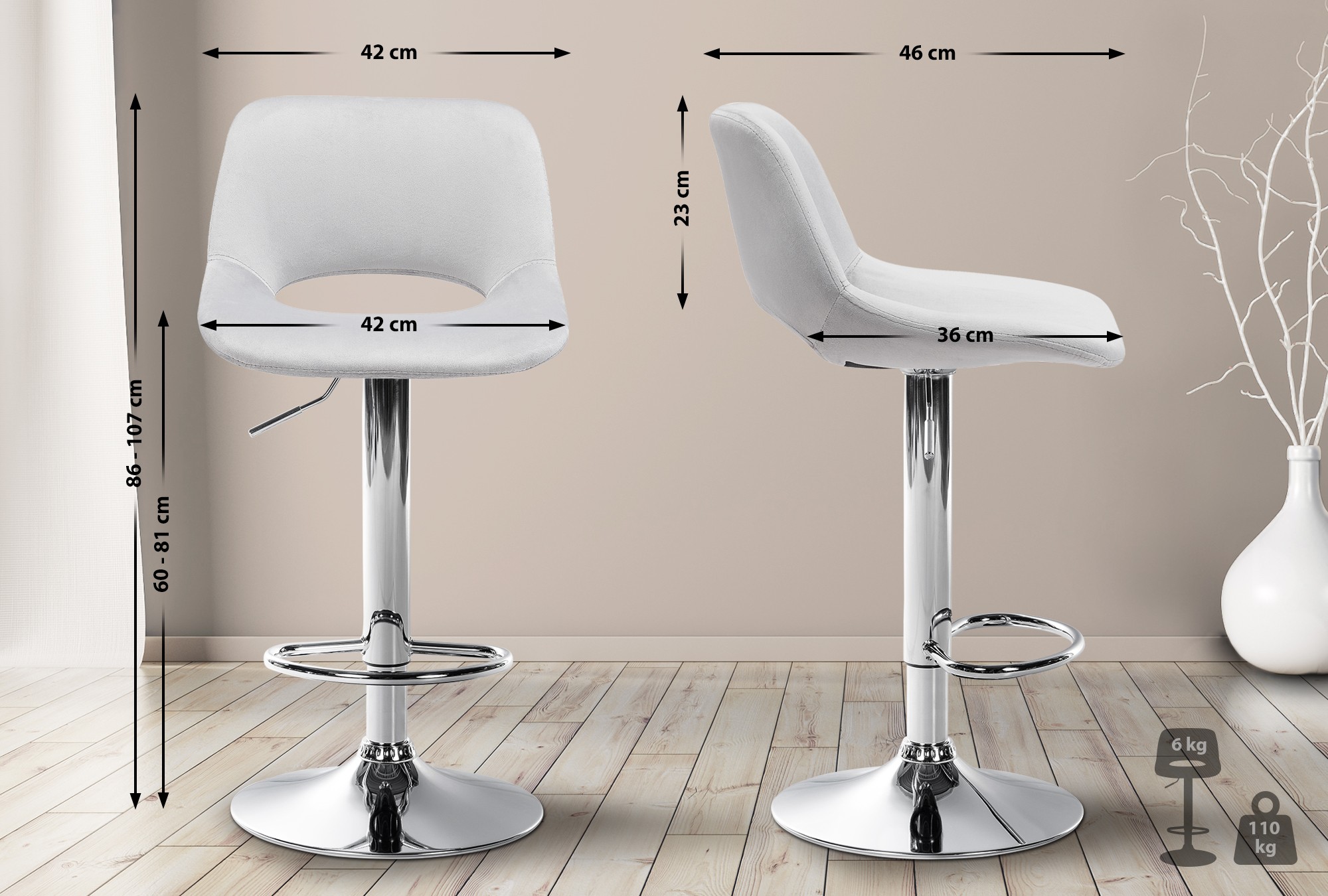 2er Set Barhocker Camden Samt Chrom - Image 6