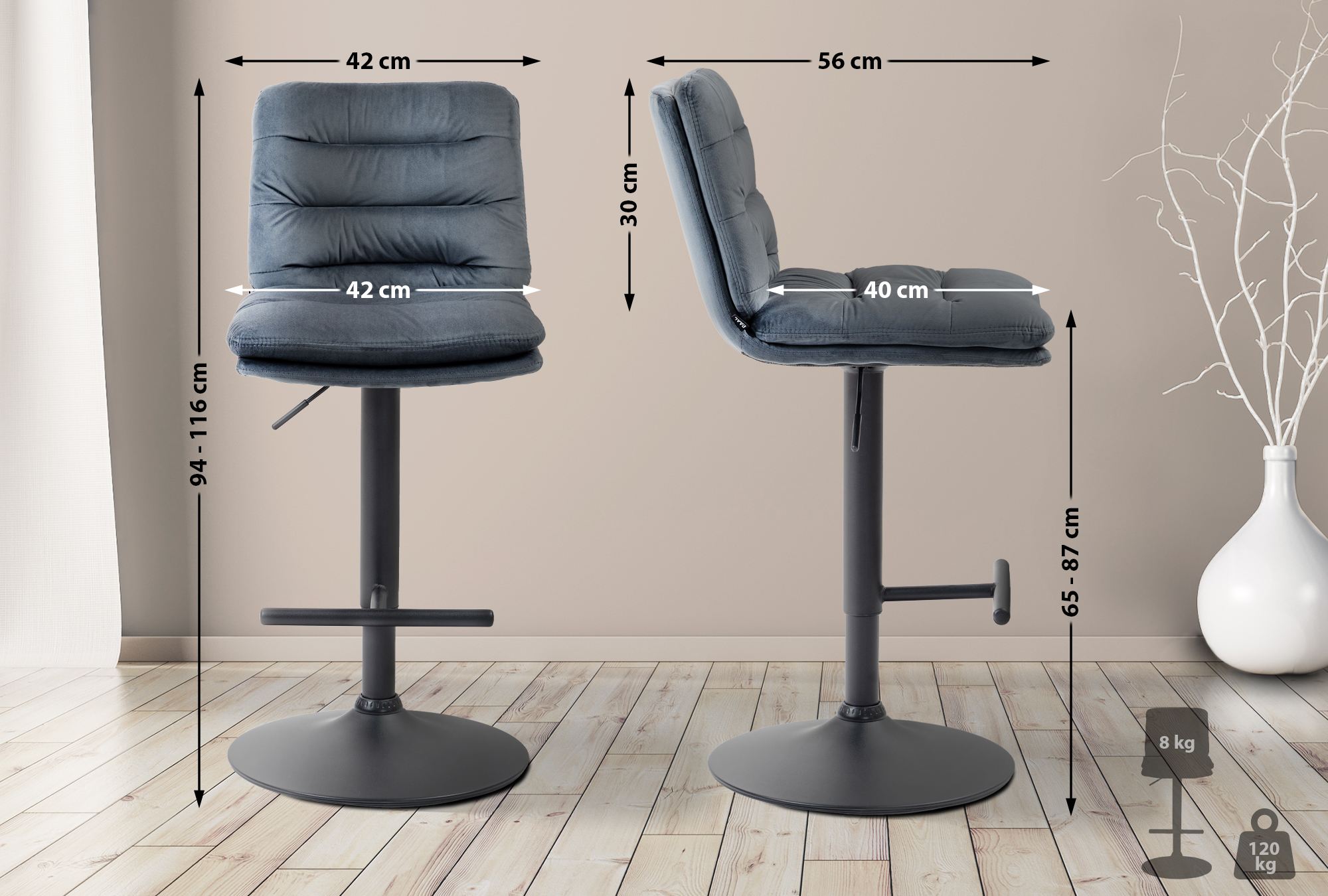2er Set Barhocker Damar Samt Schwarz - Image 4
