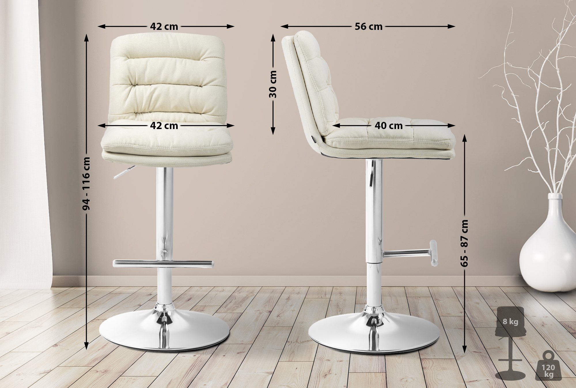 2er Set Barhocker Damar Stoff Chrom - Image 6